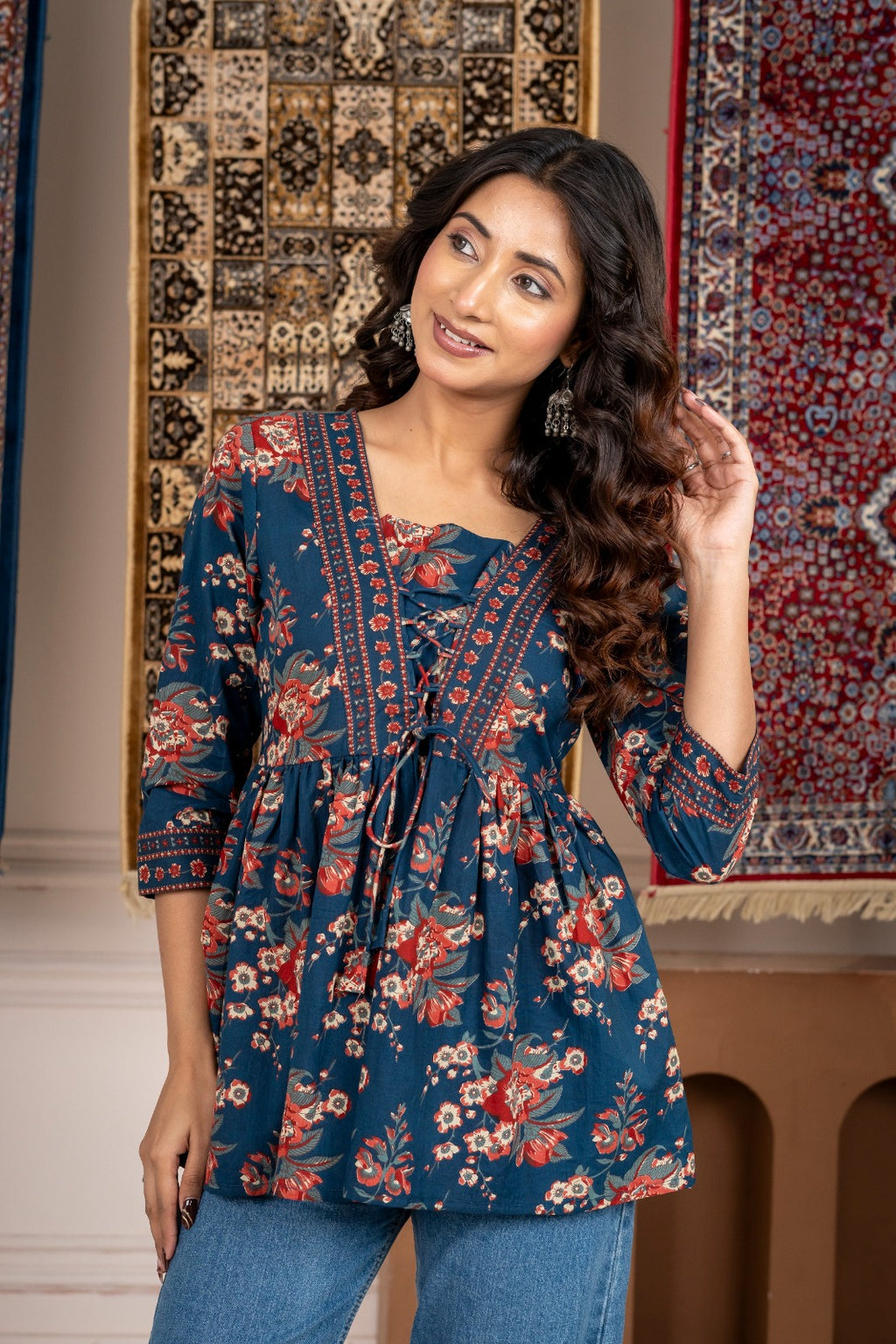 Blue Floral Print Tie-Up Peplum Top 3/4 Sleeves | Casual Cotton Top
