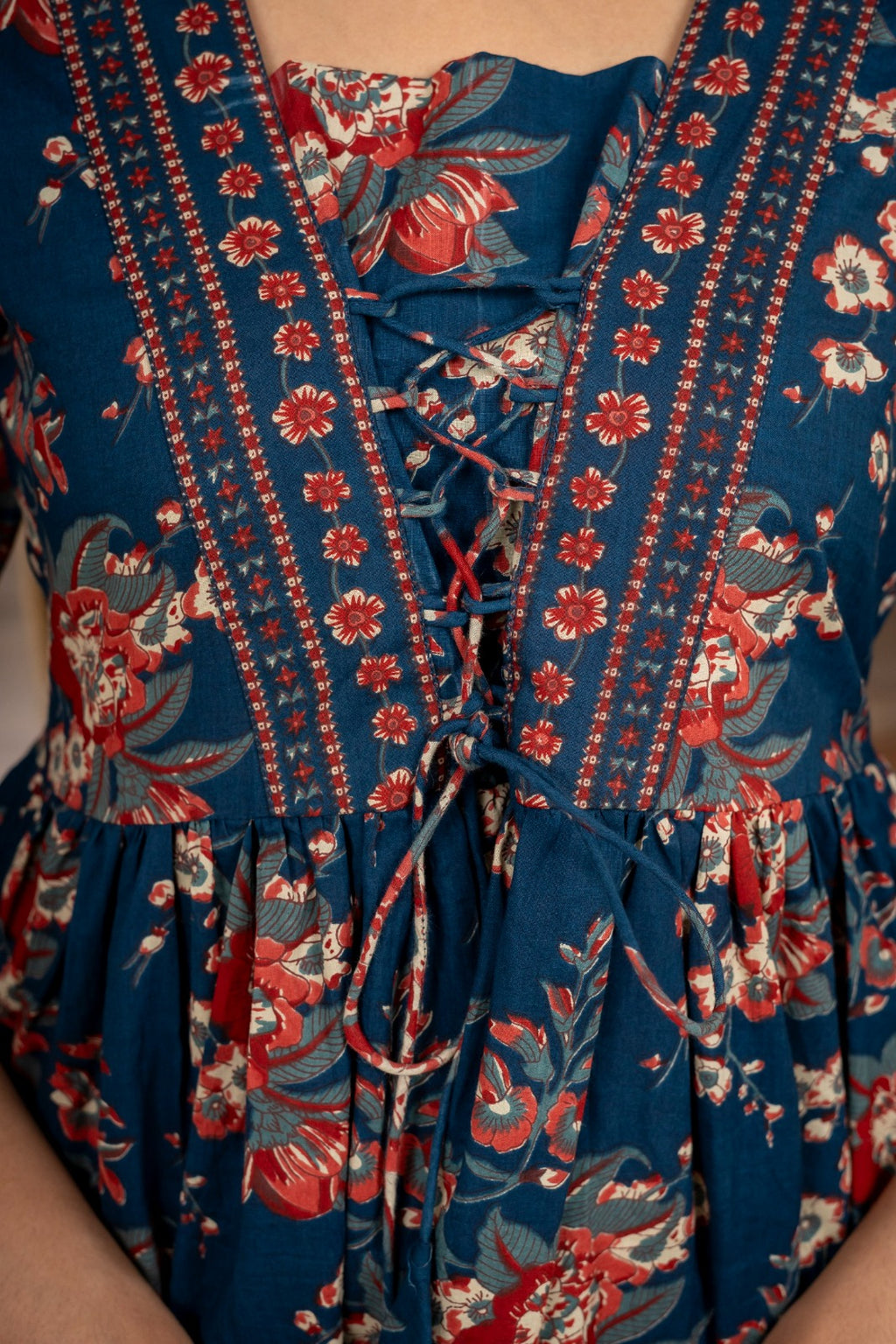 Blue Floral Print Tie-Up Peplum Top 3/4 Sleeves | Casual Cotton Top