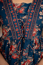 Blue Floral Print Tie-Up Peplum Top 3/4 Sleeves | Casual Cotton Top