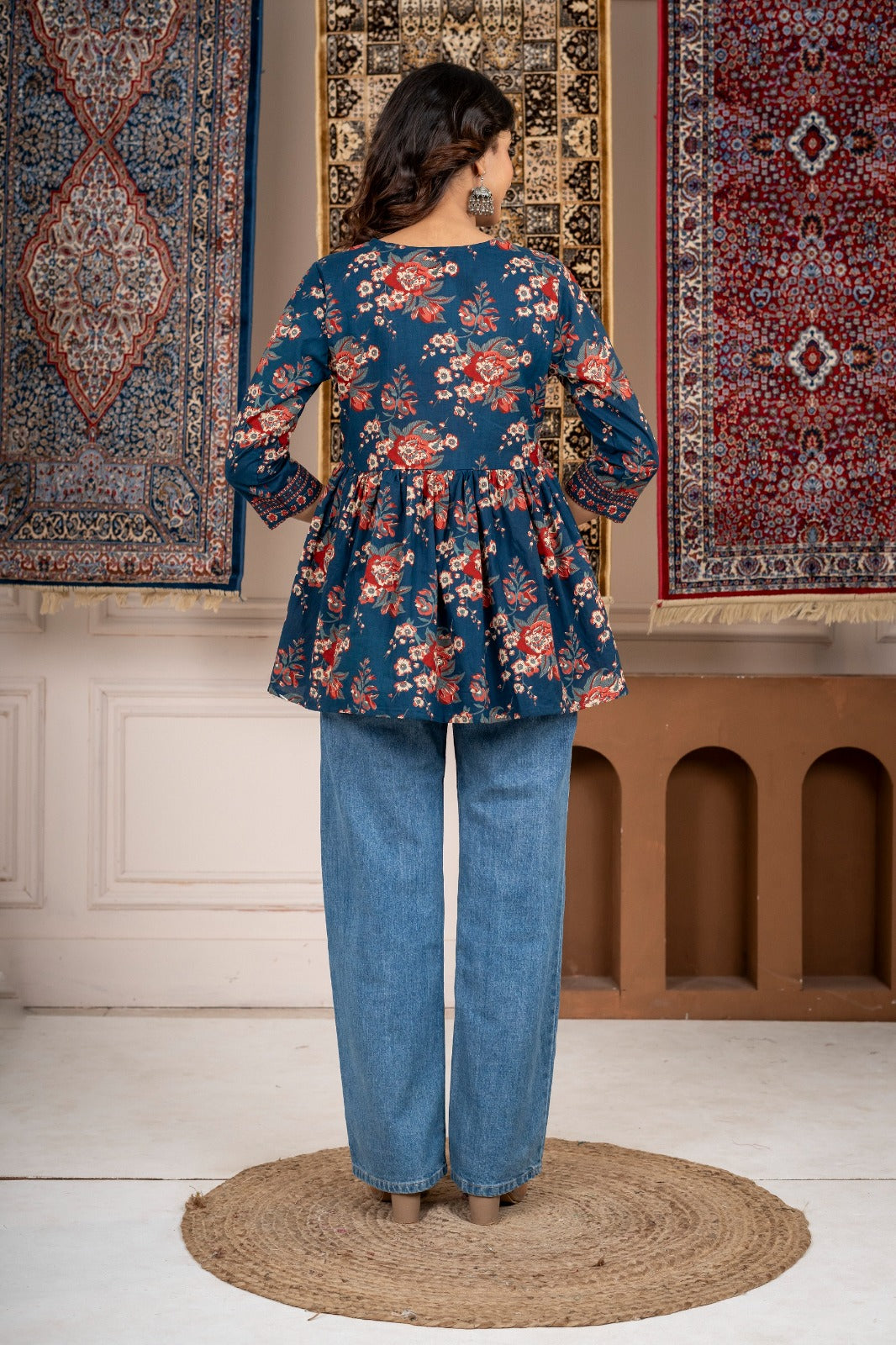 Blue Floral Print Tie-Up Peplum Top 3/4 Sleeves | Casual Cotton Top