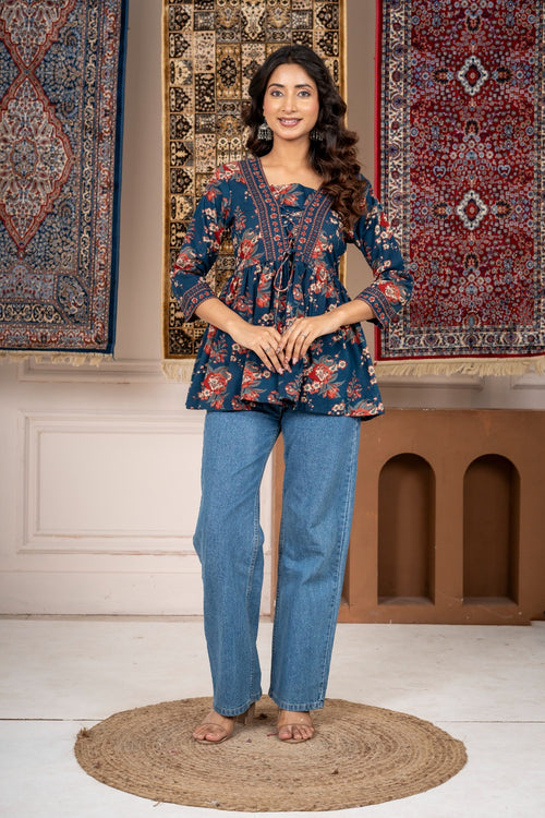 Blue Floral Print Tie-Up Peplum Top 3/4 Sleeves | Casual Cotton Top