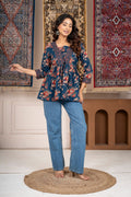 Blue Floral Print Tie-Up Peplum Top 3/4 Sleeves | Casual Cotton Top