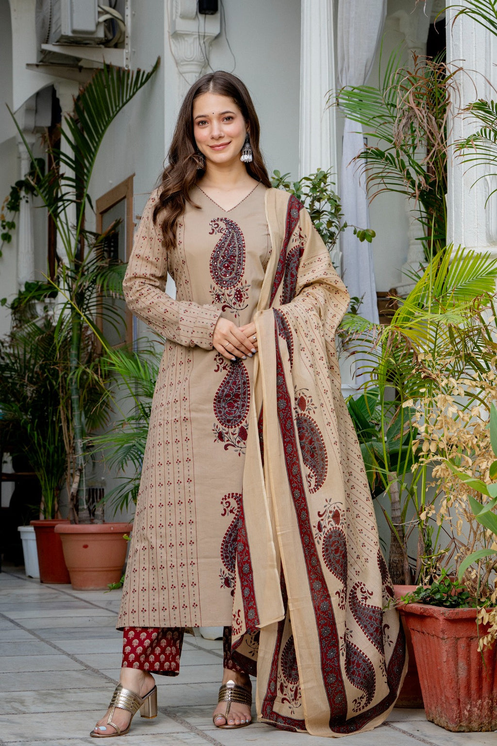 Beige Paisley Printed A-Line Kurta Pant Set with Dupatta