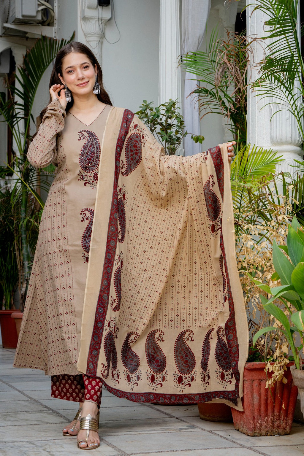 Beige Paisley Printed A-Line Kurta Pant Set with Dupatta