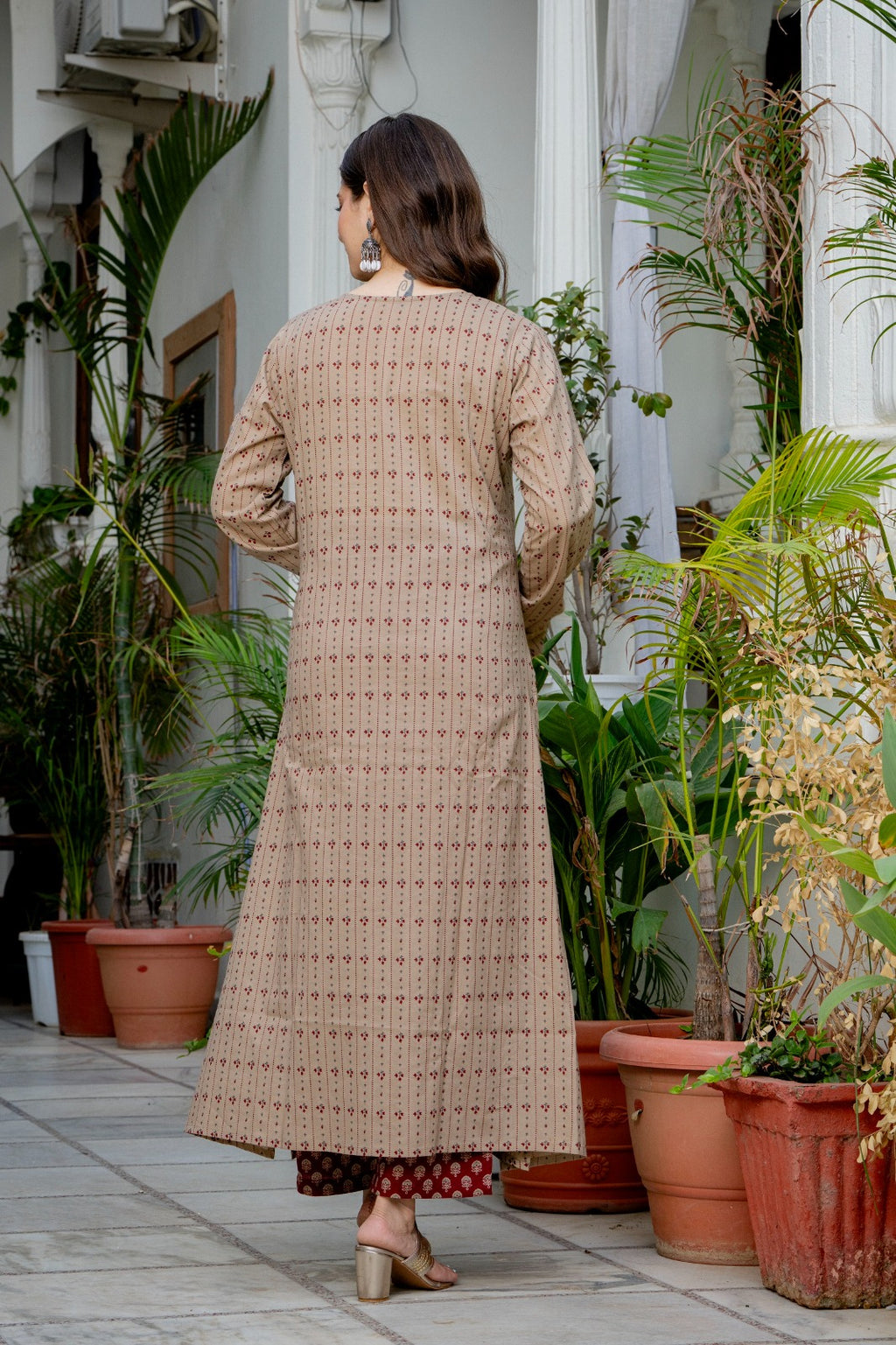 Beige Paisley Printed A-Line Kurta Pant Set with Dupatta