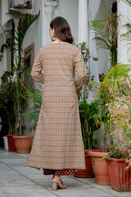 Beige Paisley Printed A-Line Kurta Pant Set with Dupatta