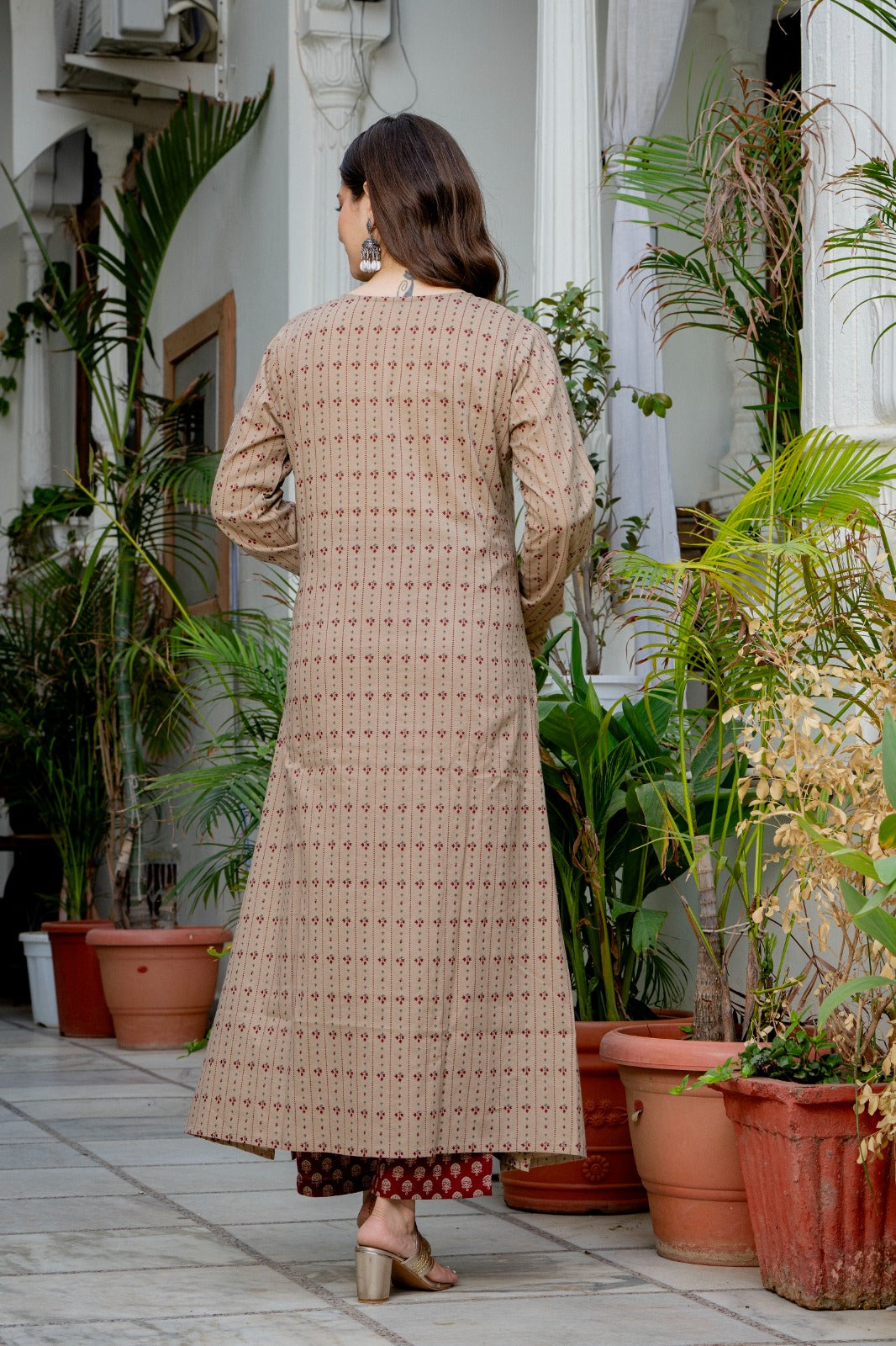 Beige Paisley Printed A-Line Kurta Pant Set with Dupatta