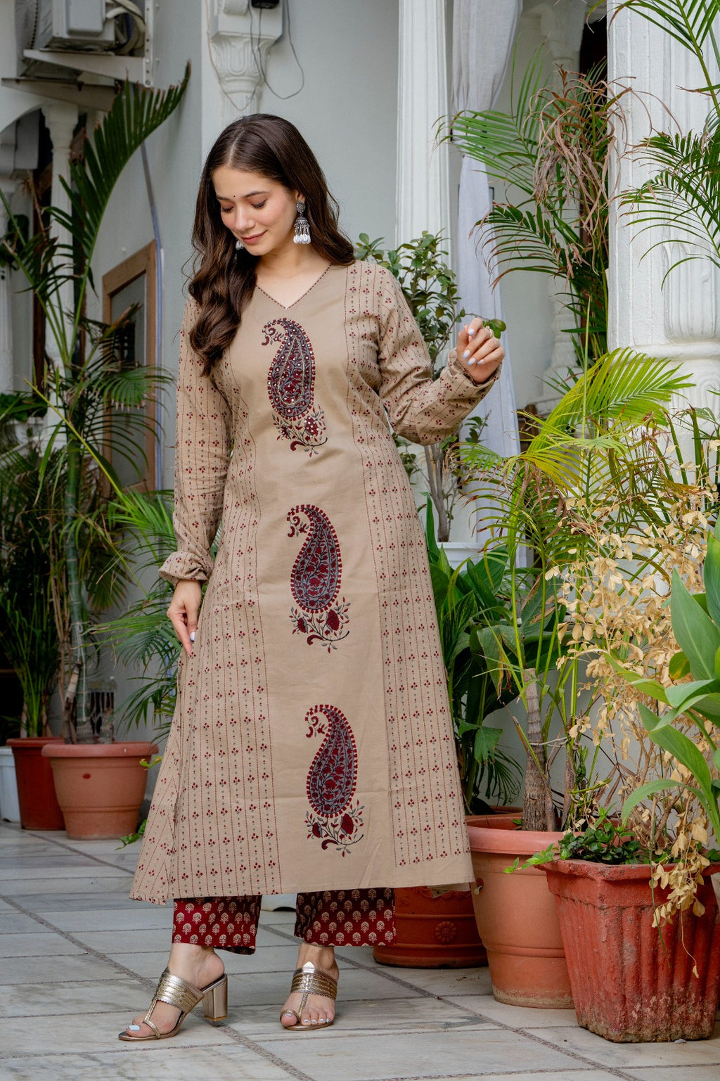 Beige Paisley Printed A-Line Kurta Pant Set with Dupatta