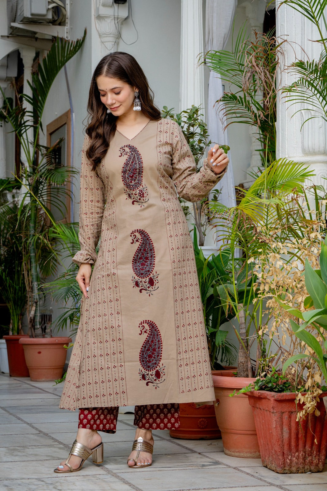 Beige Paisley Printed A-Line Kurta Pant Set with Dupatta