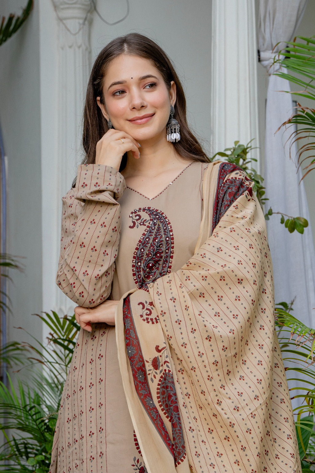 Beige Paisley Printed A-Line Kurta Pant Set with Dupatta