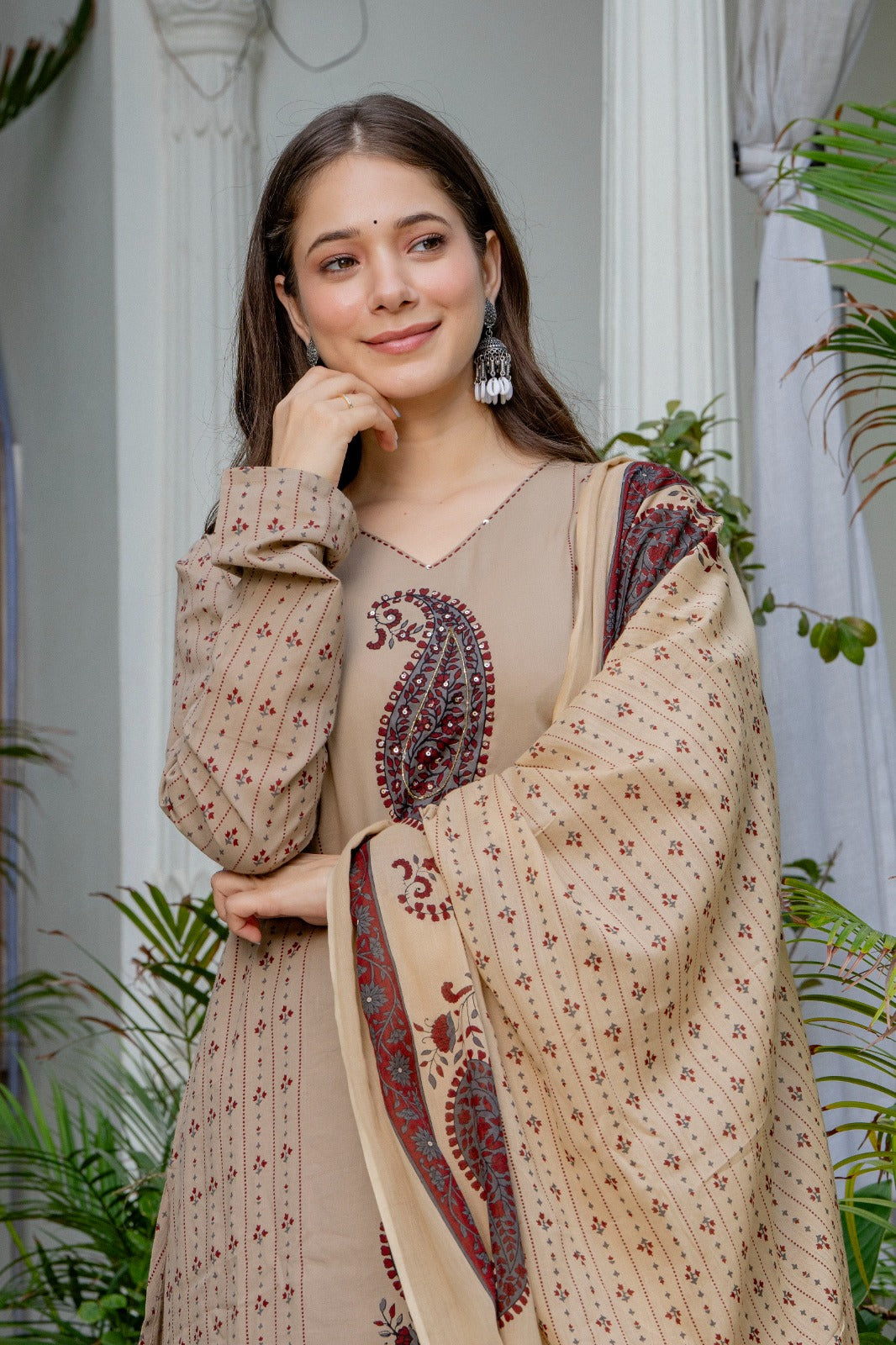 Beige Paisley Printed A-Line Kurta Pant Set with Dupatta