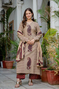 Beige Paisley Printed A-Line Kurta Pant Set with Dupatta