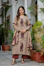 Beige Paisley Printed A-Line Kurta Pant Set with Dupatta