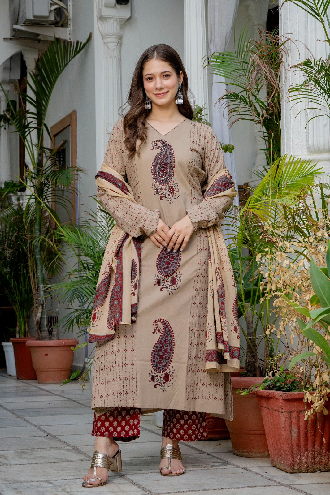 Beige Paisley Printed A-Line Kurta Pant Set with Dupatta