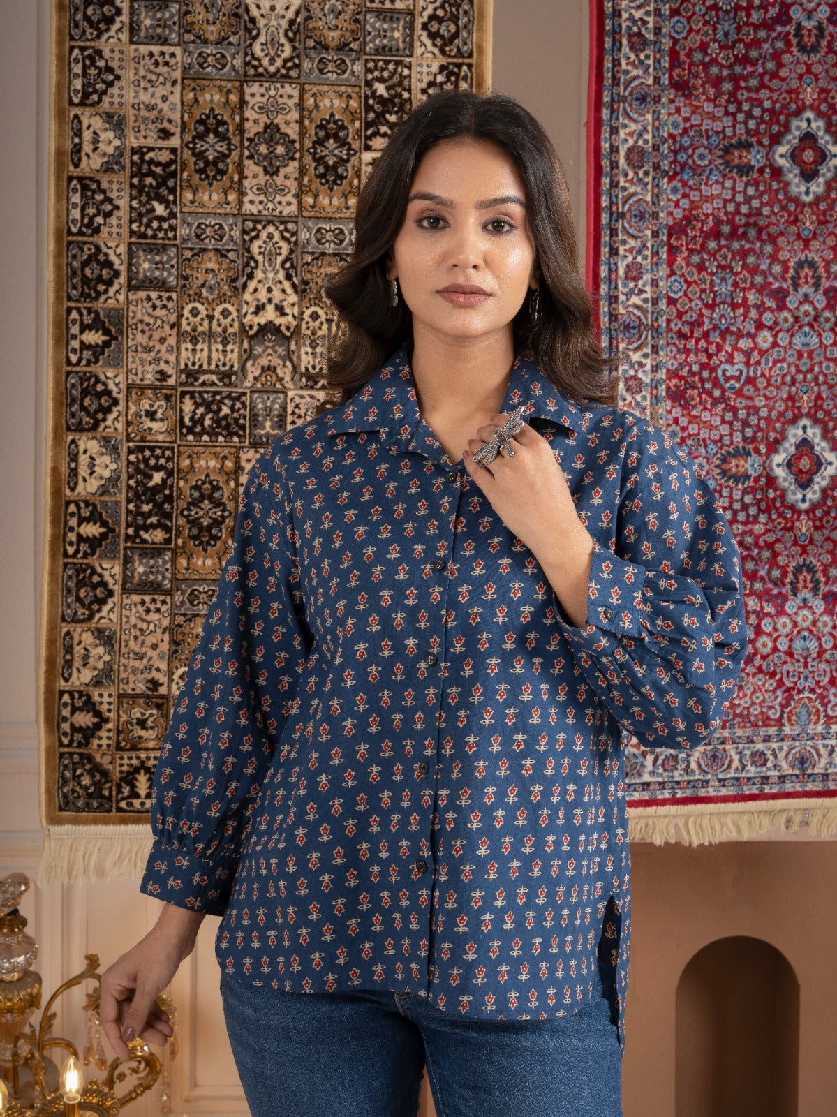 Blue Printed Cotton Button-Down Shirt with Puff Sleeves