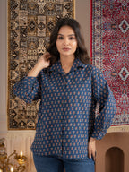 Blue Printed Cotton Button-Down Shirt with Puff Sleeves