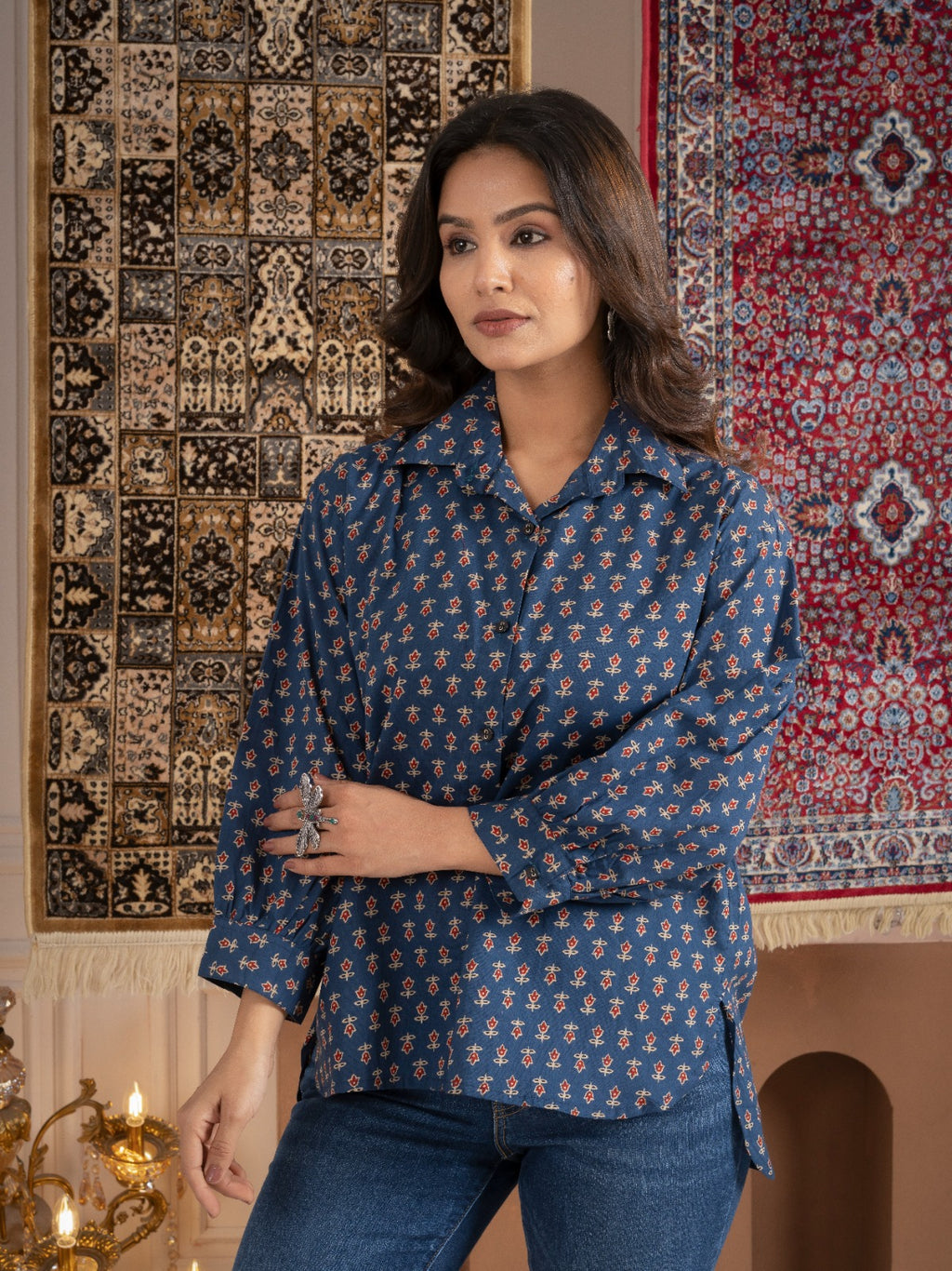 Blue Printed Cotton Button-Down Shirt with Puff Sleeves