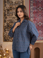Blue Printed Cotton Button-Down Shirt with Puff Sleeves