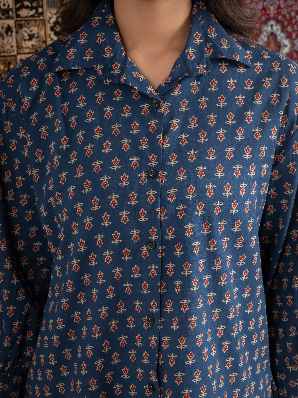 Blue Printed Cotton Button-Down Shirt with Puff Sleeves