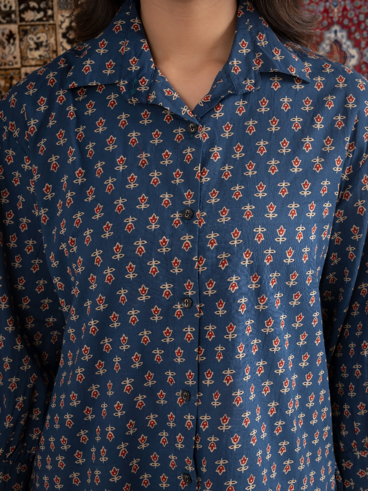 Blue Printed Cotton Button-Down Shirt with Puff Sleeves