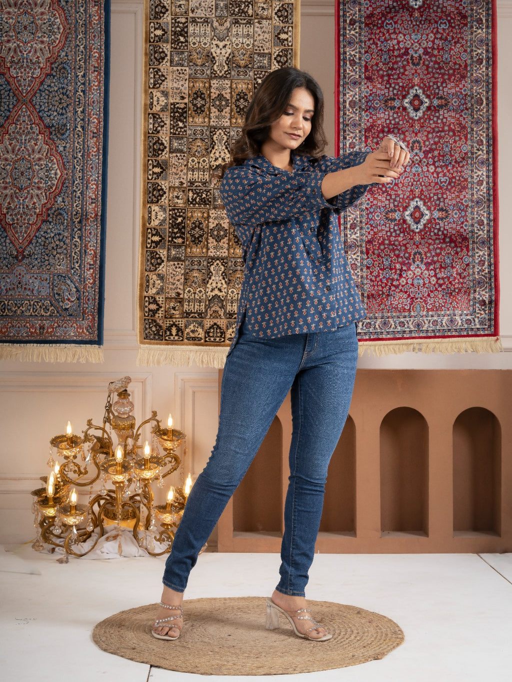 Blue Printed Cotton Button-Down Shirt with Puff Sleeves
