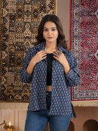 Blue Printed Cotton Button-Down Shirt with Puff Sleeves