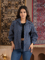 Blue Printed Cotton Button-Down Shirt with Puff Sleeves