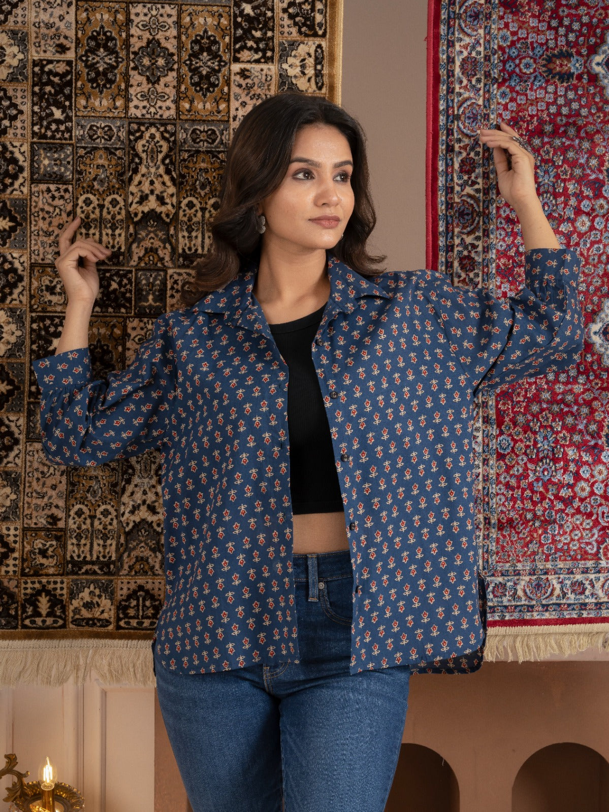 Blue Printed Cotton Button-Down Shirt with Puff Sleeves