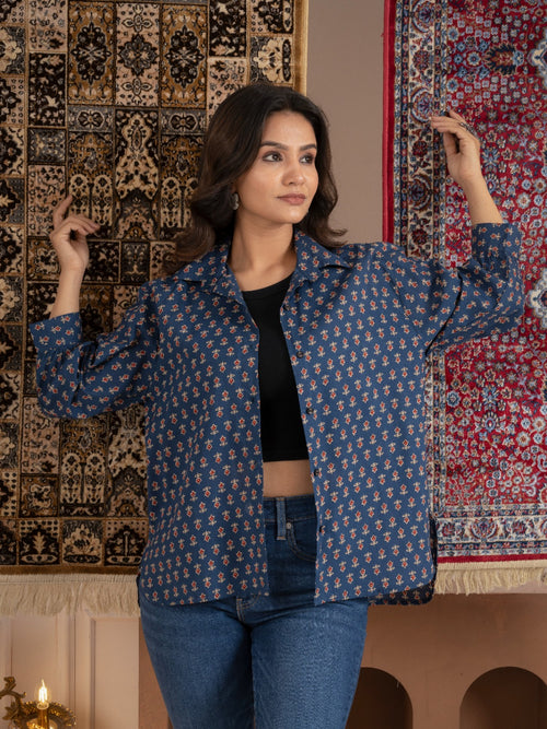 Blue Printed Cotton Button-Down Shirt with Puff Sleeves