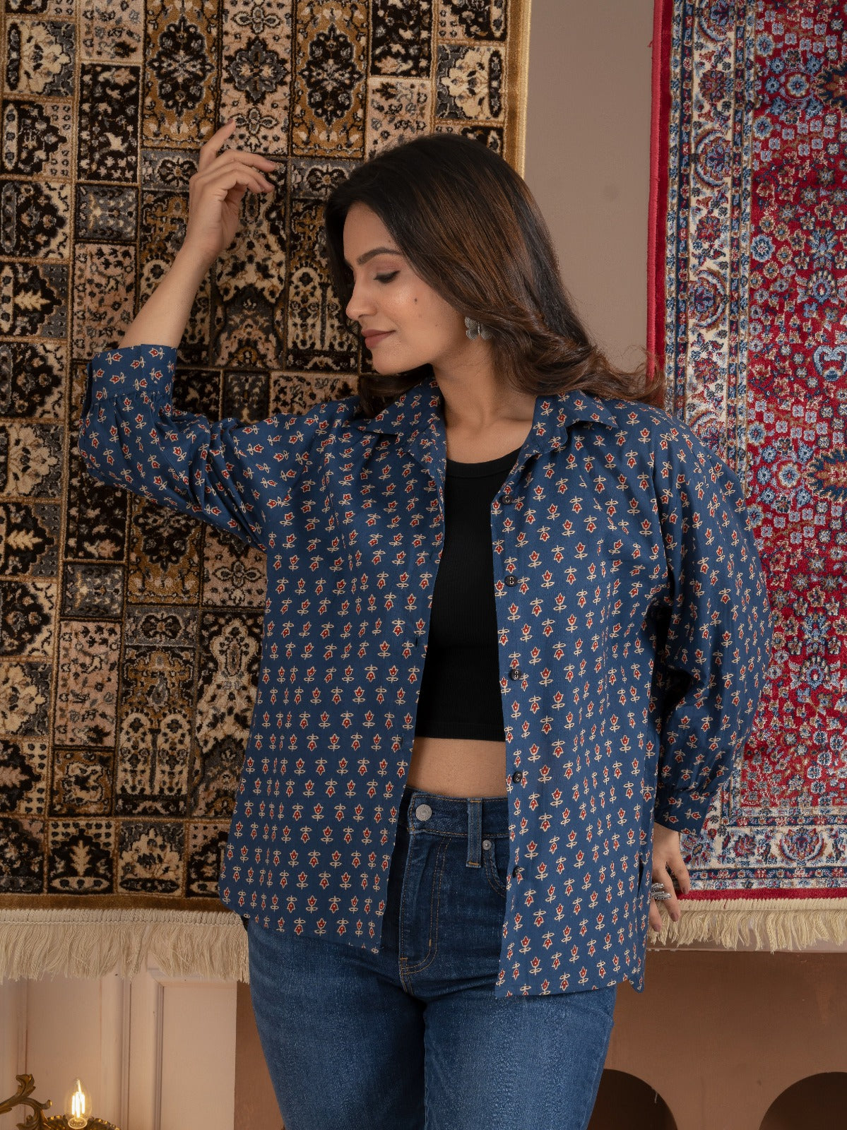 Blue Printed Cotton Button-Down Shirt with Puff Sleeves