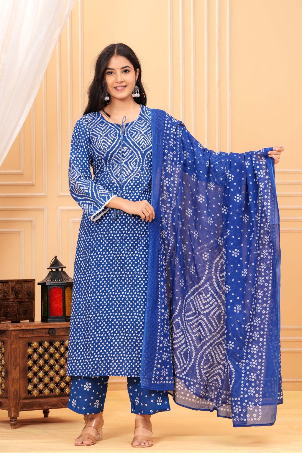 Women's Blue Bandhani Print Cotton Kurta Pant with Dupatta Set
