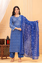 Women's Blue Bandhani Print Cotton Kurta Pant with Dupatta Set