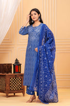 Women's Blue Bandhani Print Cotton Kurta Pant with Dupatta Set