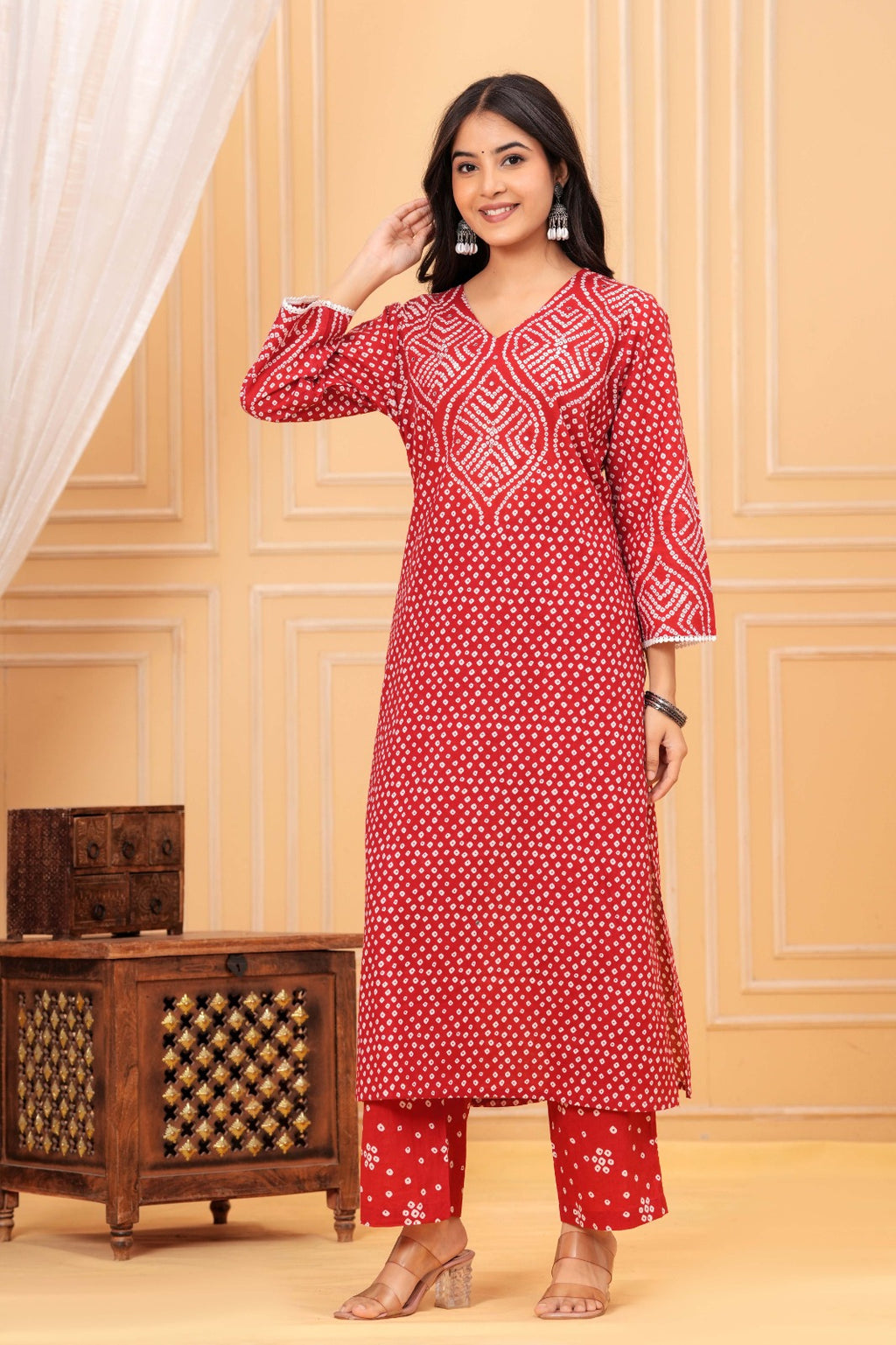 Women's Red Bandhani Print Cotton Kurta Pant with Dupatta Set | Ethnic Wear