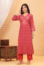 Women's Red Bandhani Print Cotton Kurta Pant with Dupatta Set | Ethnic Wear