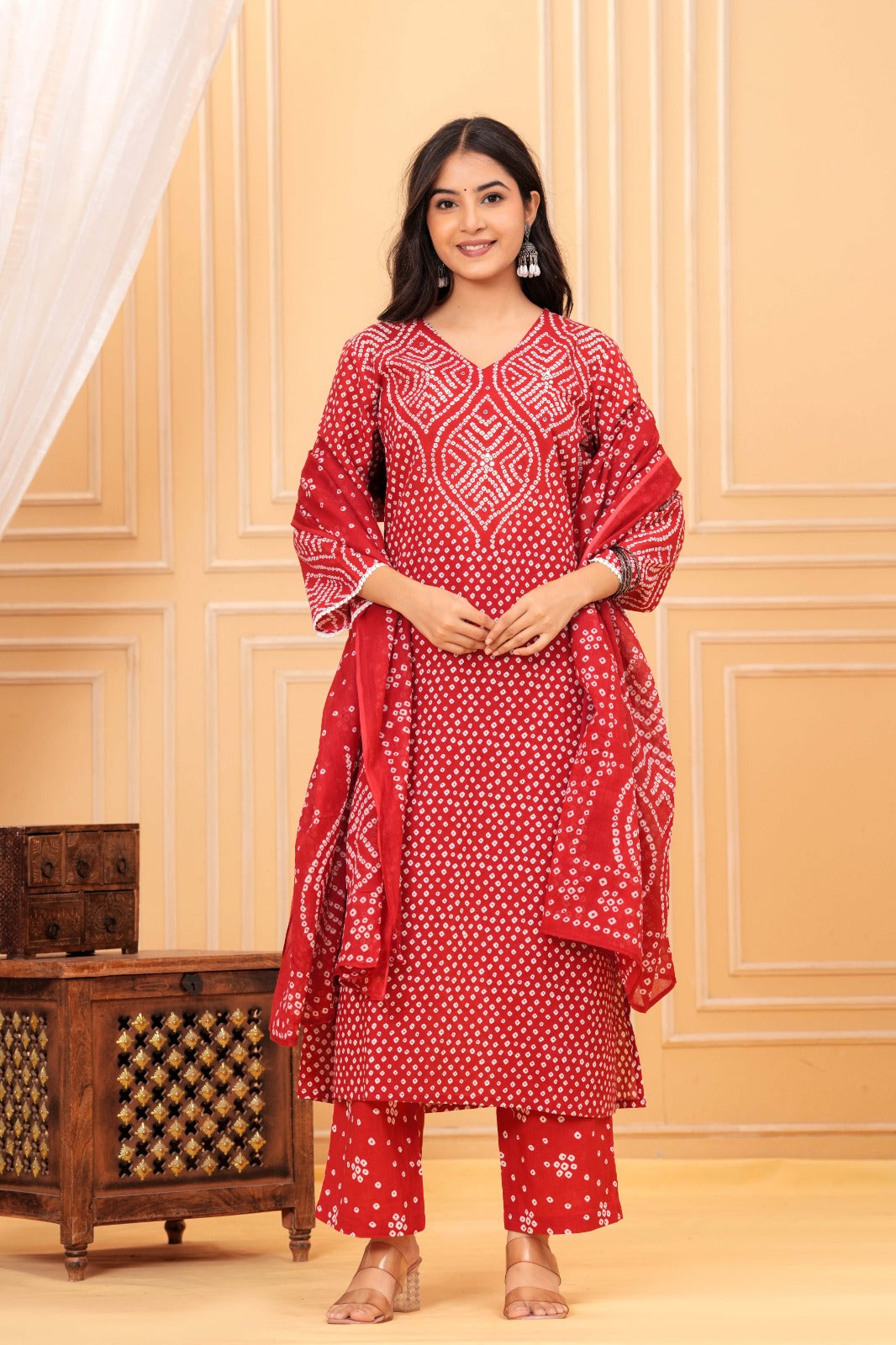 Women's Red Bandhani Print Cotton Kurta Pant with Dupatta Set | Ethnic Wear