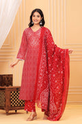 Women's Red Bandhani Print Cotton Kurta Pant with Dupatta Set | Ethnic Wear