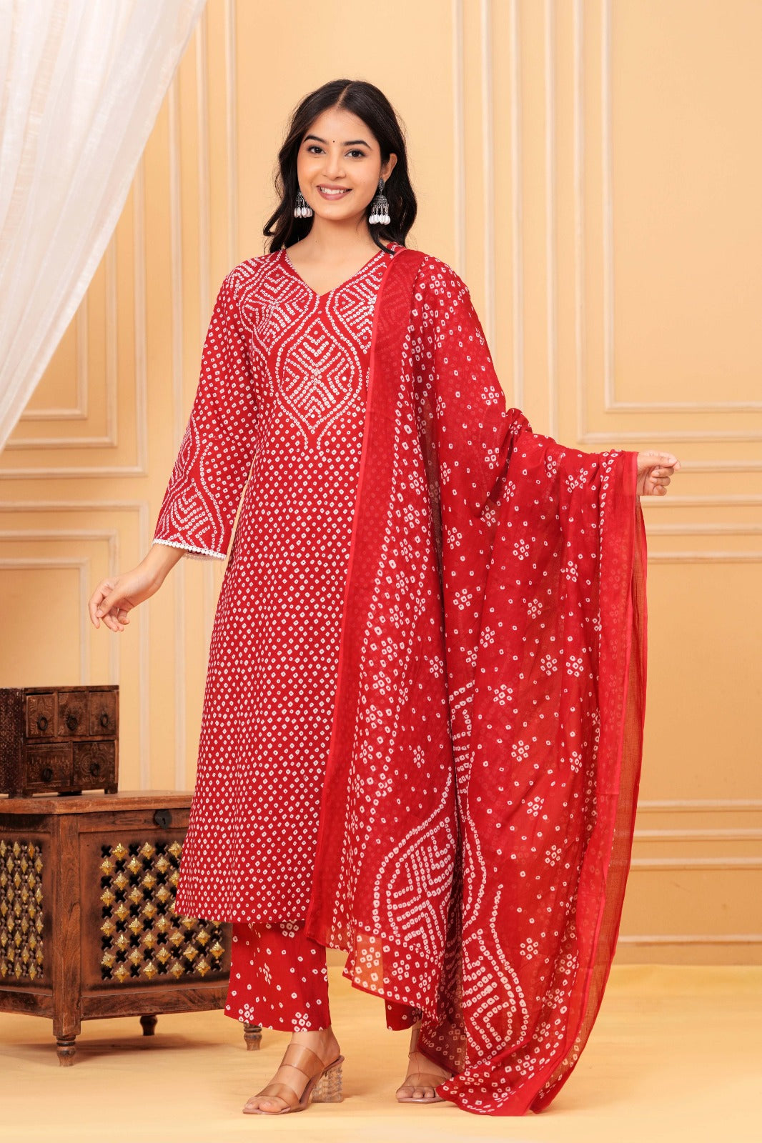 Women's Red Bandhani Print Cotton Kurta Pant with Dupatta Set | Ethnic Wear