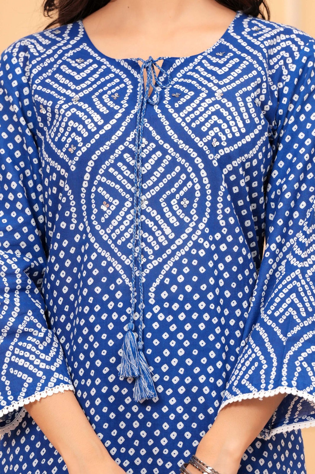 Women's Blue Bandhani Print Cotton Kurta Pant with Dupatta Set