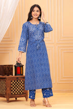 Women's Blue Bandhani Print Cotton Kurta Pant with Dupatta Set