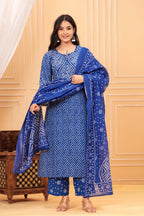Women's Blue Bandhani Print Cotton Kurta Pant with Dupatta Set