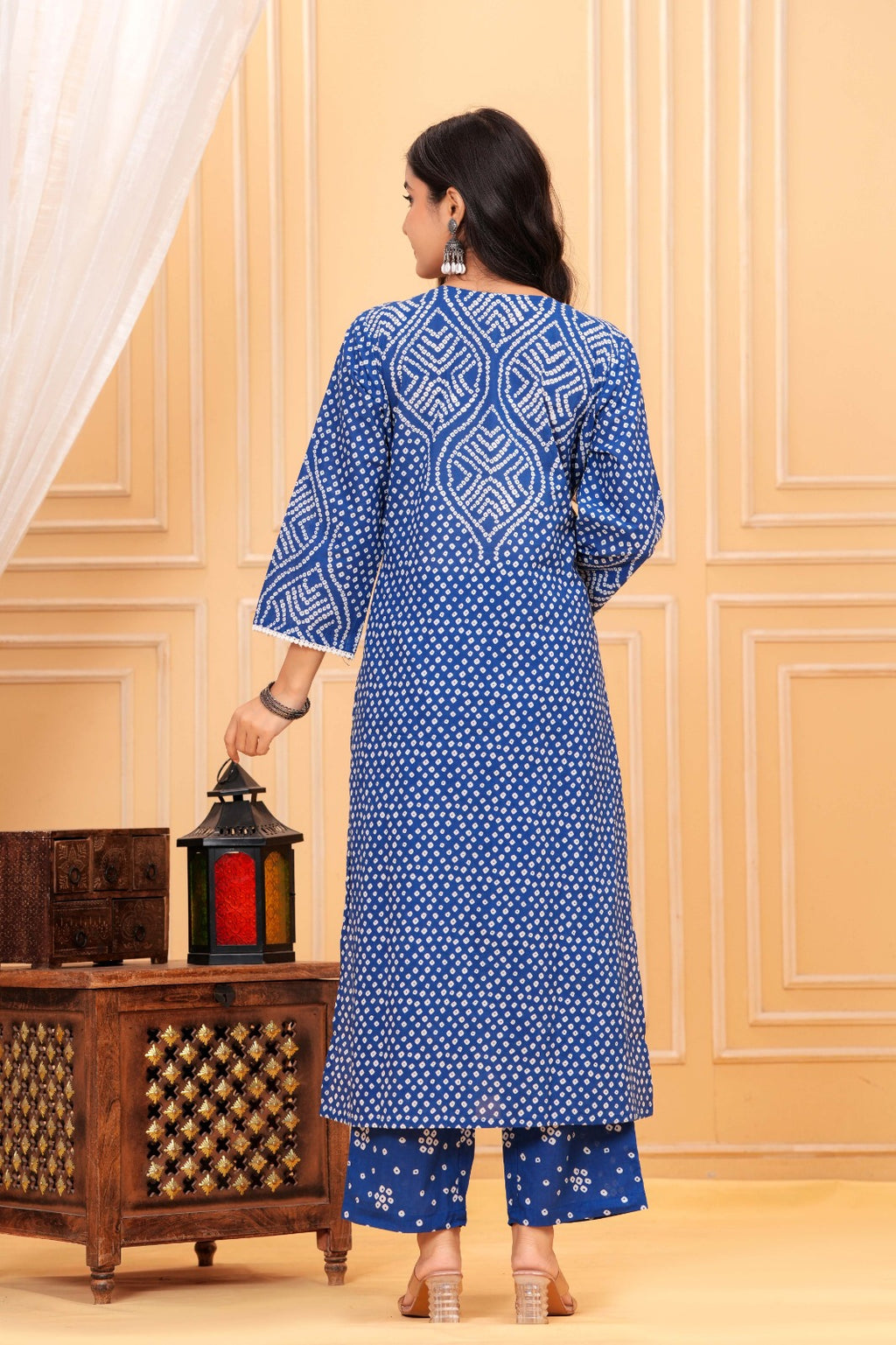 Women's Blue Bandhani Print Cotton Kurta Pant with Dupatta Set