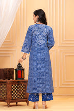 Women's Blue Bandhani Print Cotton Kurta Pant with Dupatta Set