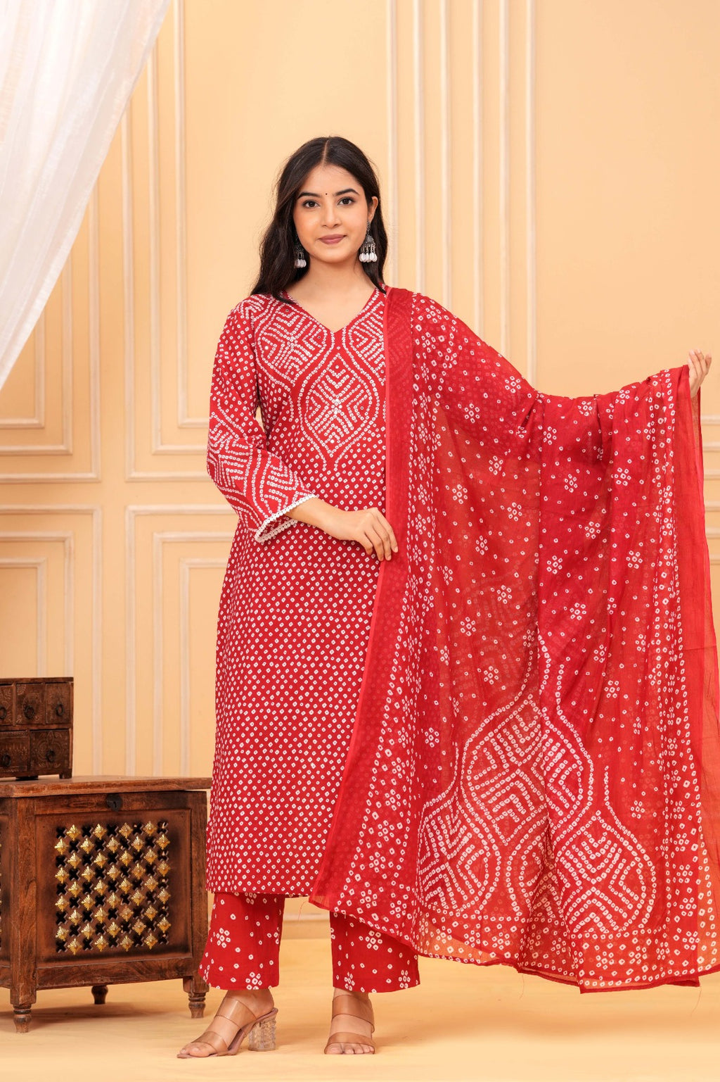 Women's Red Bandhani Print Cotton Kurta Pant with Dupatta Set | Ethnic Wear