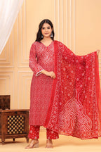 Women's Red Bandhani Print Cotton Kurta Pant with Dupatta Set | Ethnic Wear