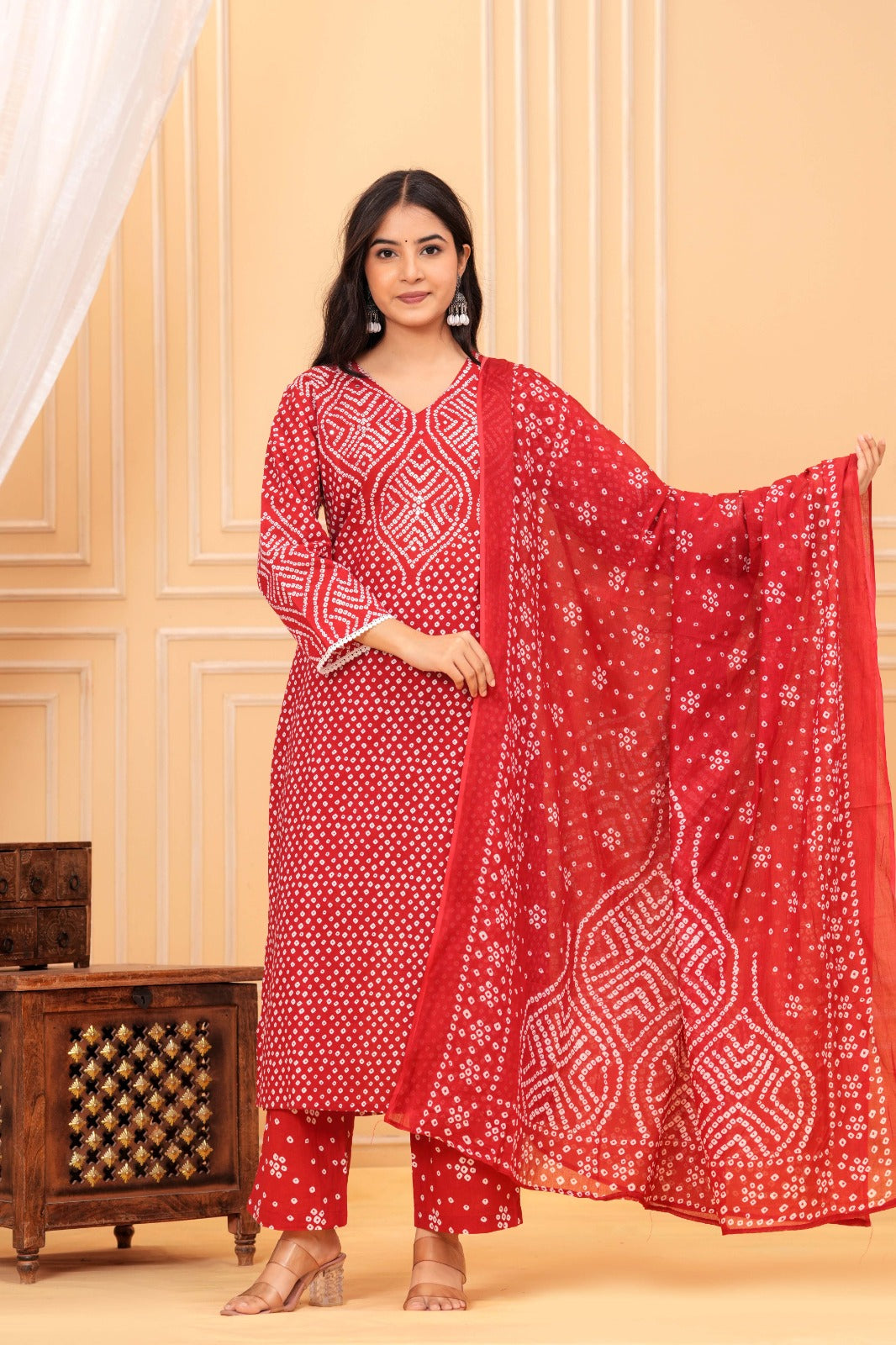 Women's Red Bandhani Print Cotton Kurta Pant with Dupatta Set | Ethnic Wear