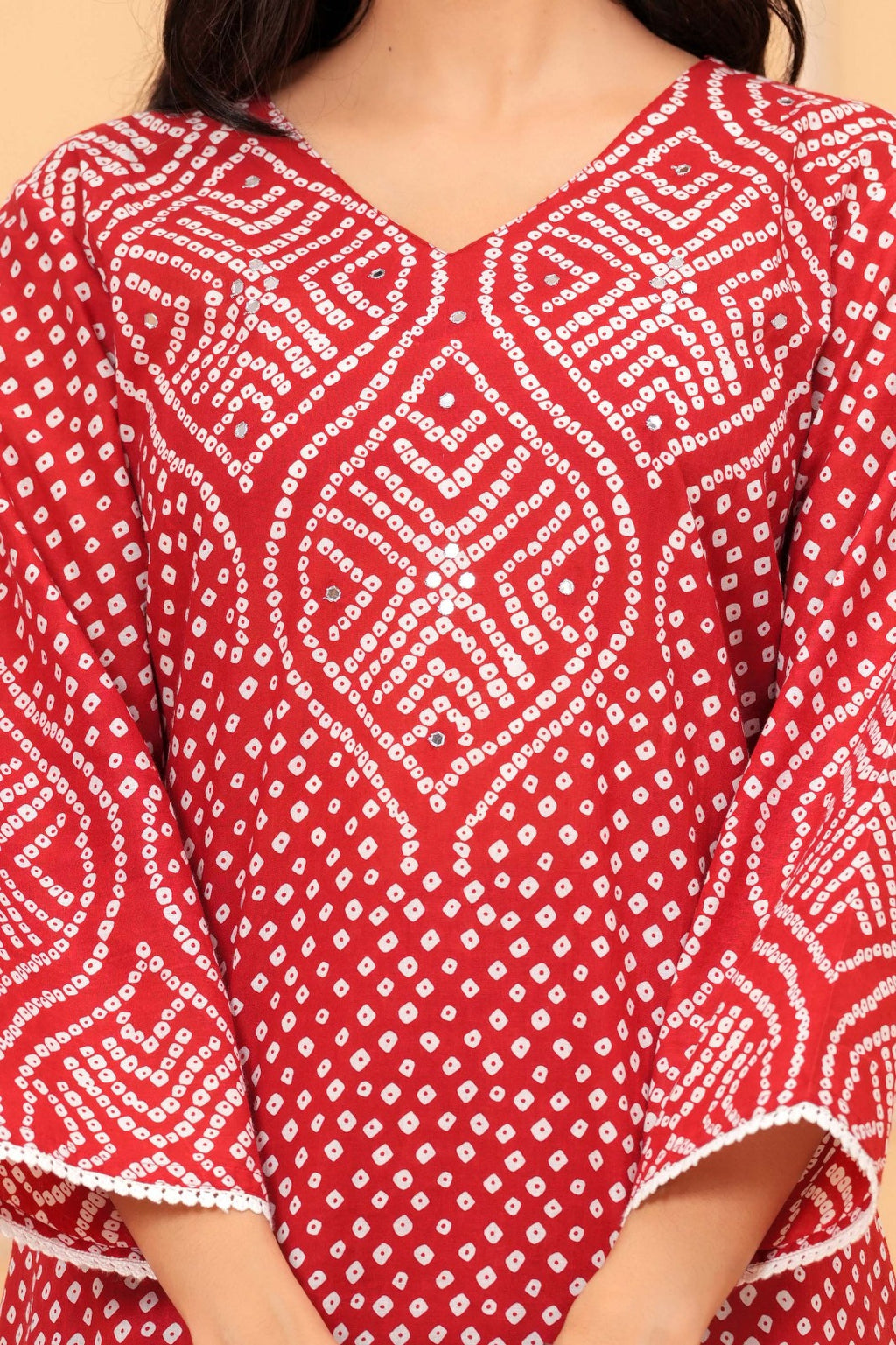 Women's Red Bandhani Print Cotton Kurta Pant with Dupatta Set | Ethnic Wear