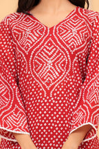 Women's Red Bandhani Print Cotton Kurta Pant with Dupatta Set | Ethnic Wear