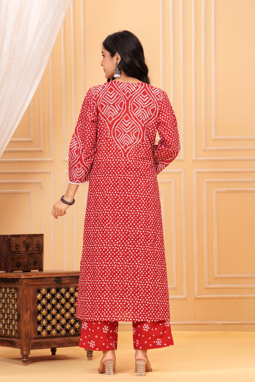 Women's Red Bandhani Print Cotton Kurta Pant with Dupatta Set | Ethnic Wear