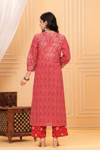 Women's Red Bandhani Print Cotton Kurta Pant with Dupatta Set | Ethnic Wear